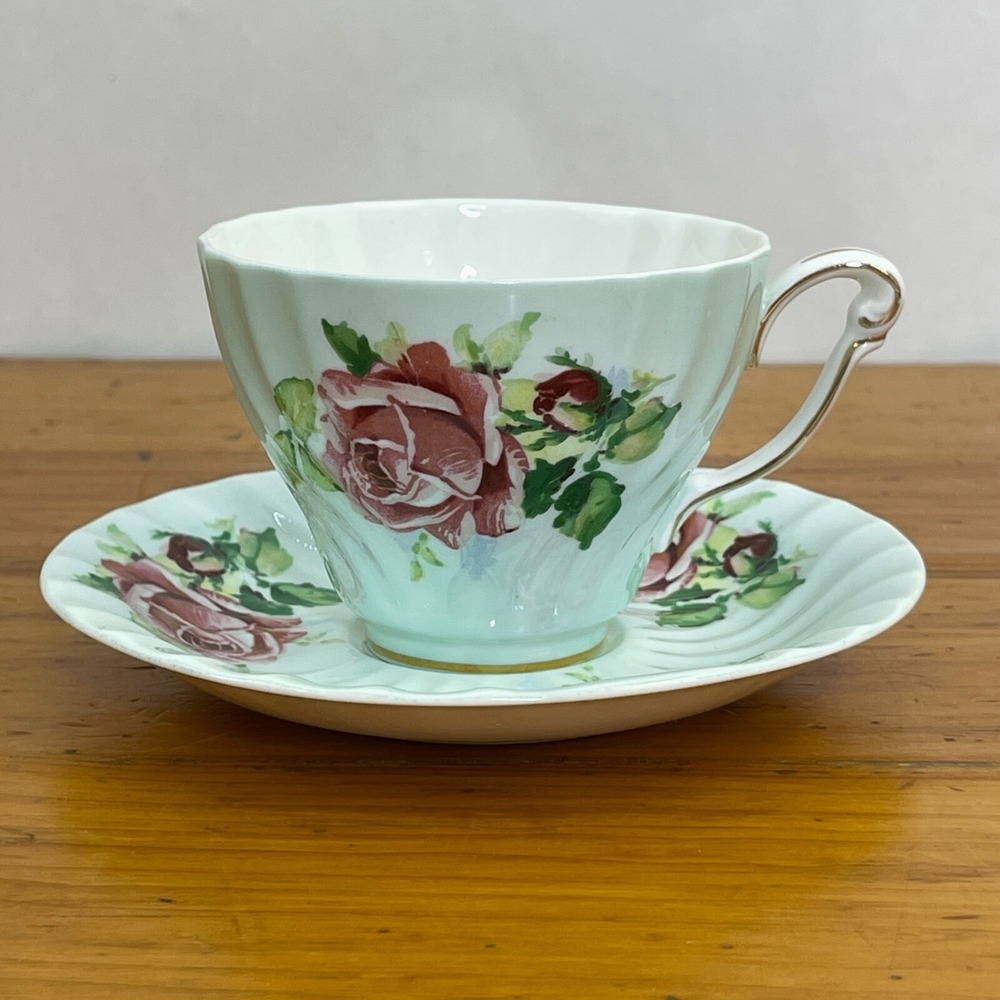Vintage Queen Anne Tea Cup & Saucer Set Pastel Green w Pink Roses Numbered - Picture 11 of 12